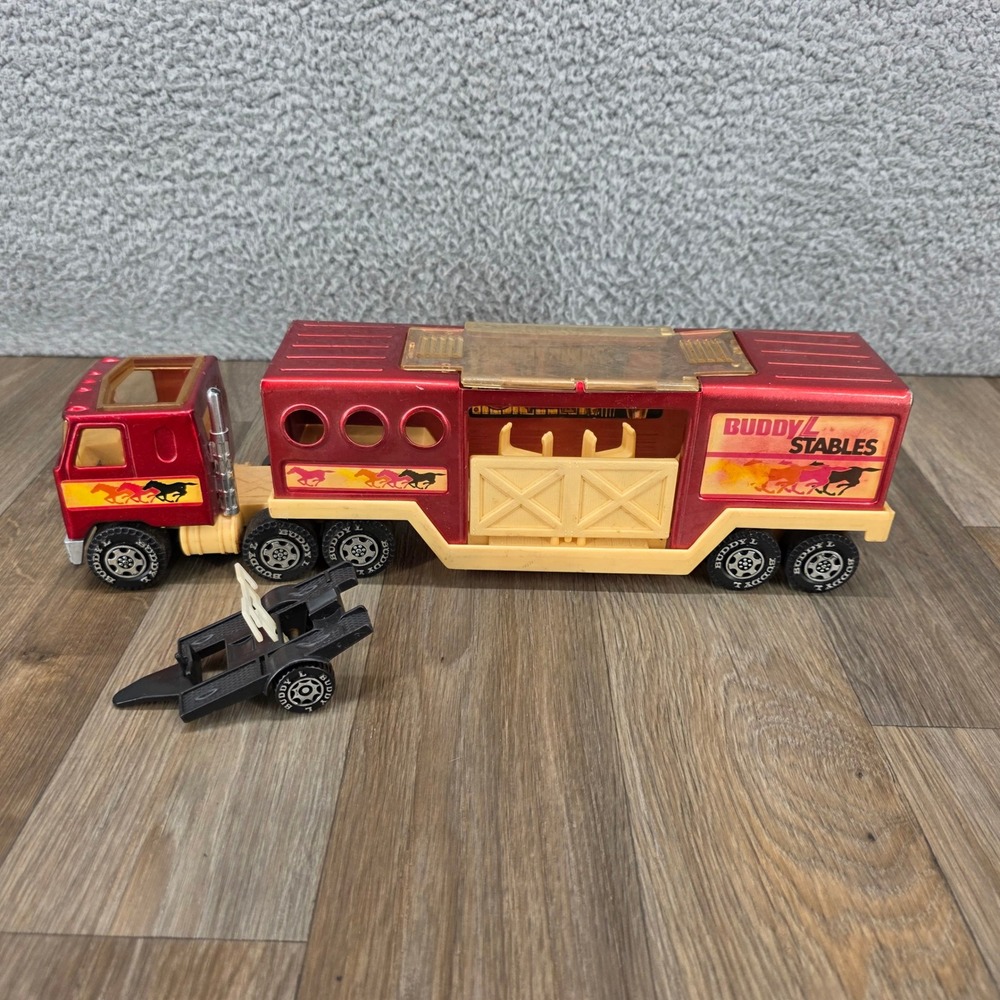 Vtg 1980 Buddy L Stables Horse Transport Semi Truck Trailer Red Pressed Steel